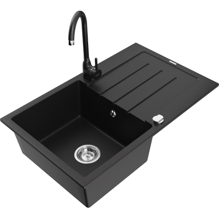 Mexen Bruno fregadero de granito de 1 cubeta con escurridor y grifo de cocina Telma, negro - 6513-77-670200-70
