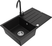 Mexen Bruno 1-bowl granite kitchen sink with drainer and Telma kitchen tap, black - 6513-77-670200-70