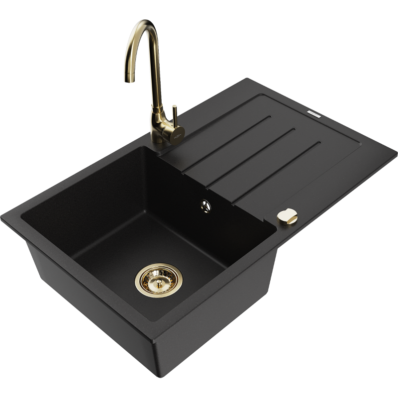 Mexen Bruno granitdiskho 1-fack med avrinningsyta och kökskran Telma, svart - 6513-77-670200-50