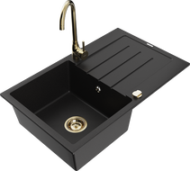 Mexen Bruno fregadero de granito de 1 cubeta con escurridor y grifo de cocina Telma, negro - 6513-77-670200-50