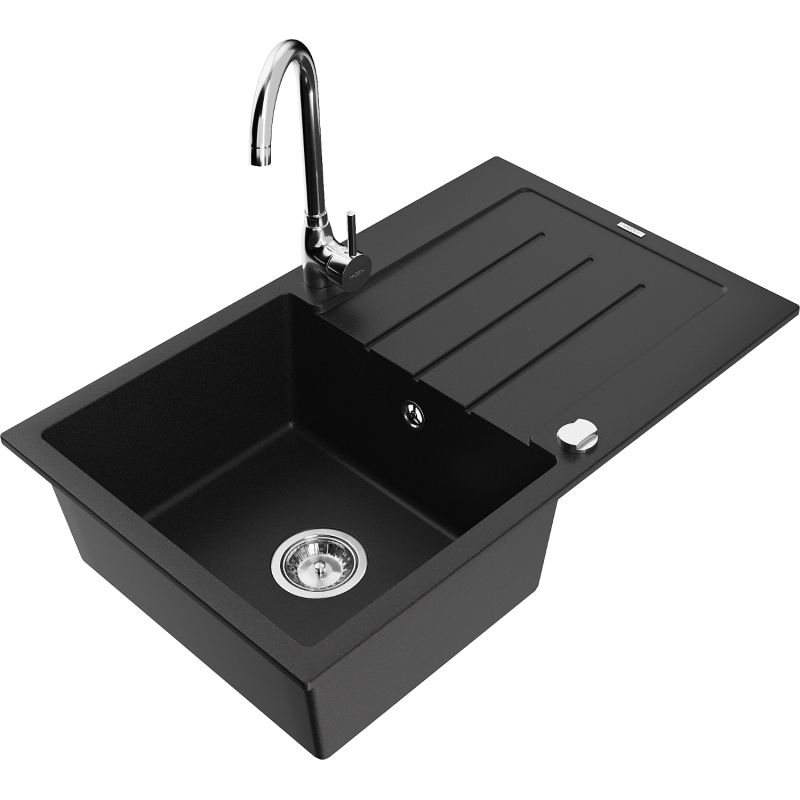 Mexen Bruno 1-Bowl Granite Sink with Drainer and Telma Kitchen Tap, Black - 6513-77-670200-00