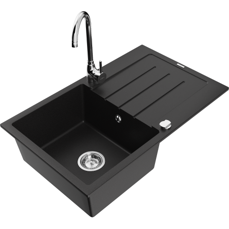 Mexen Bruno 1-Bowl Granite Sink with Drainer and Telma Kitchen Tap, Black - 6513-77-670200-00