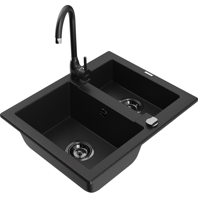 Mexen Carlos 1.5-bowl granite kitchen sink with Telma tap, black - 6518-77-670200-70-B
