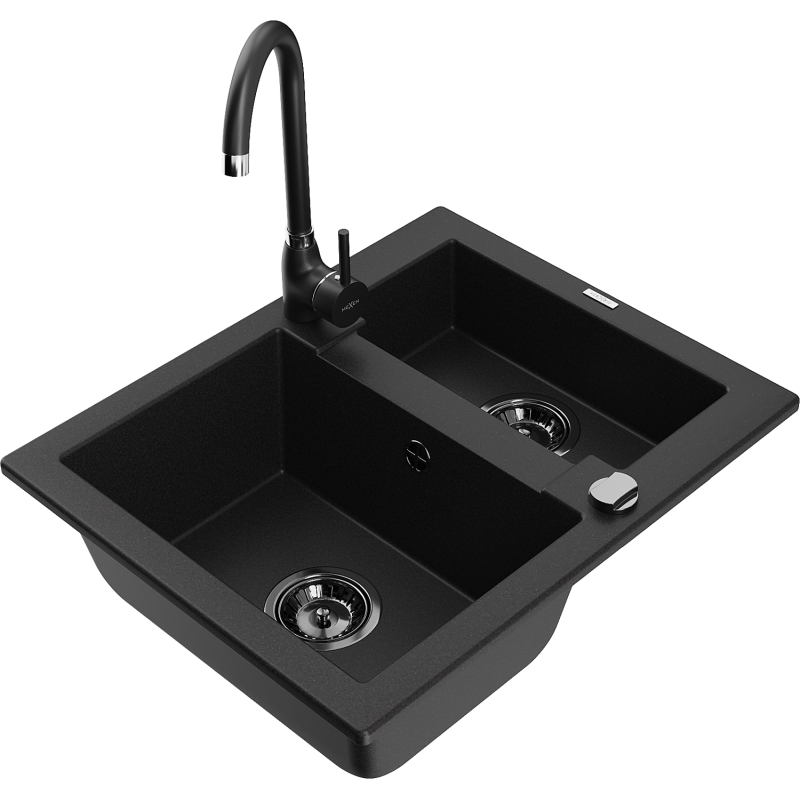 Mexen Carlos fregadero de granito de 1,5 senos con grifo de cocina Telma, negro - 6518-77-670200-70-B