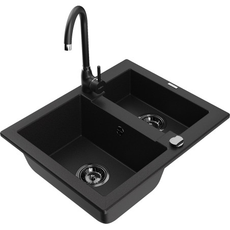 Mexen Carlos 1.5-bowl granite kitchen sink with Telma tap, black - 6518-77-670200-70-B