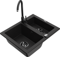 Mexen Carlos 1.5-bowl granite kitchen sink with Telma tap, black - 6518-77-670200-70-B