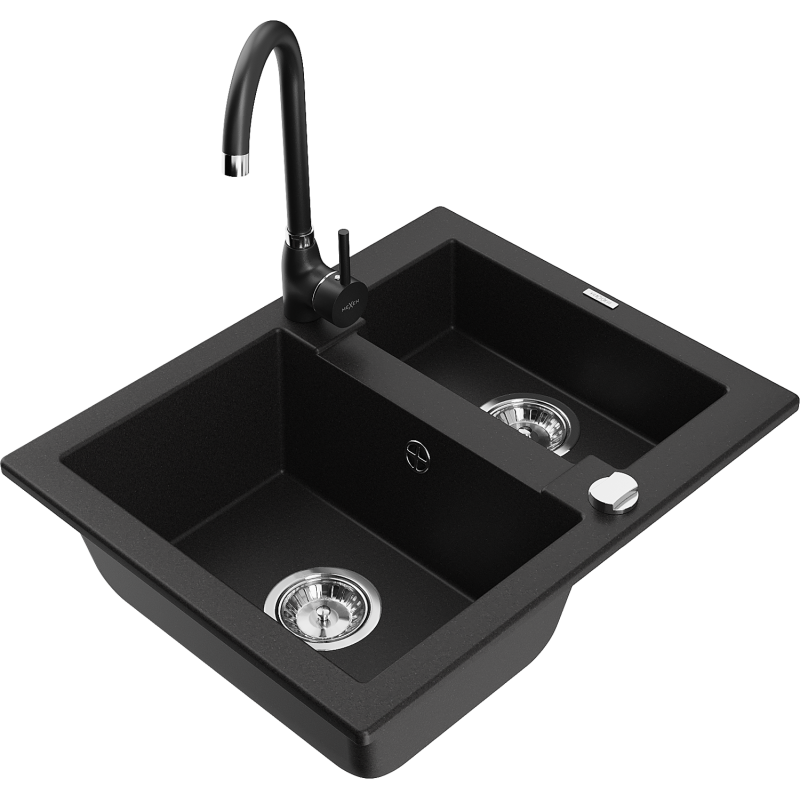 Mexen Carlos fregadero de granito de 1,5 senos con grifo de cocina Telma, negro - 6518-77-670200-70