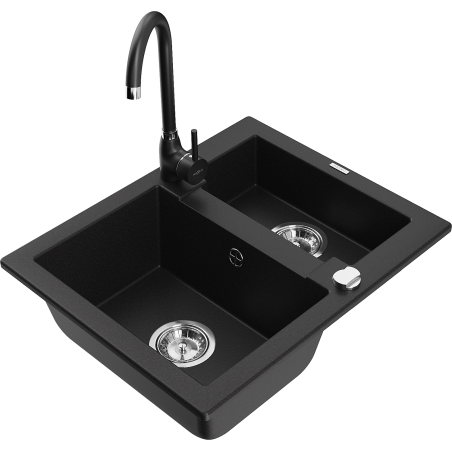 Mexen Carlos granite sink 1.5-bowl with Telma kitchen tap, black - 6518-77-670200-70