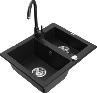 Mexen Carlos granite sink 1.5-bowl with Telma kitchen faucet, black - 6518-77-670200-70