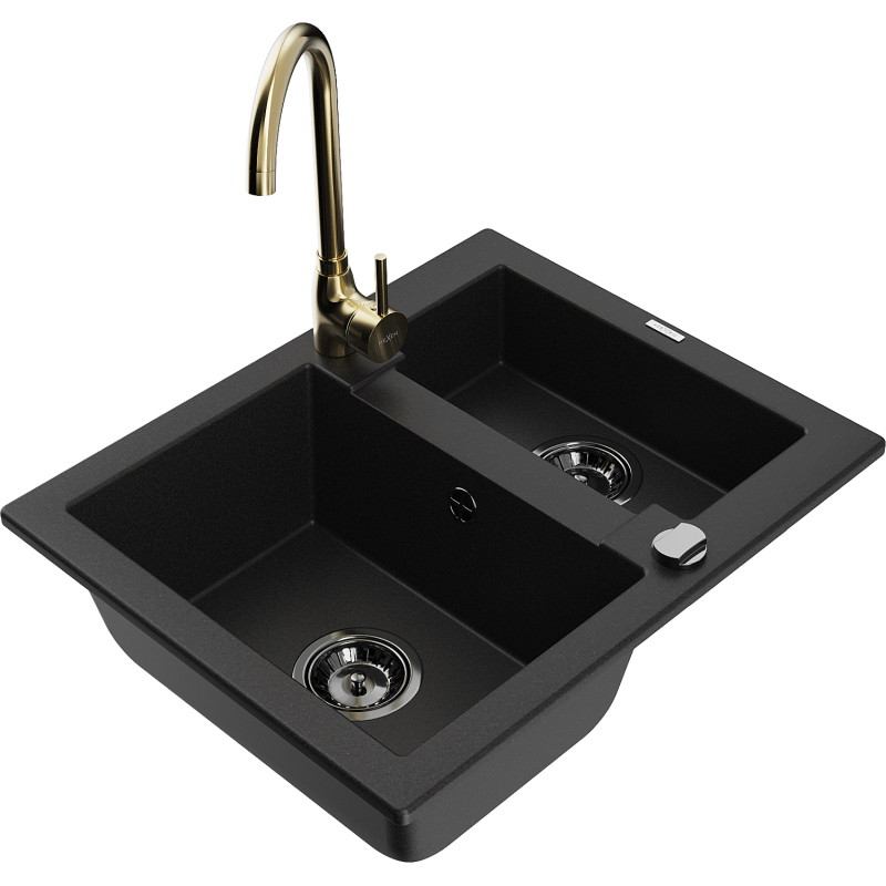 Mexen Carlos fregadero de granito de 1,5 senos con grifo de cocina Telma, negro - 6518-77-670200-50-B