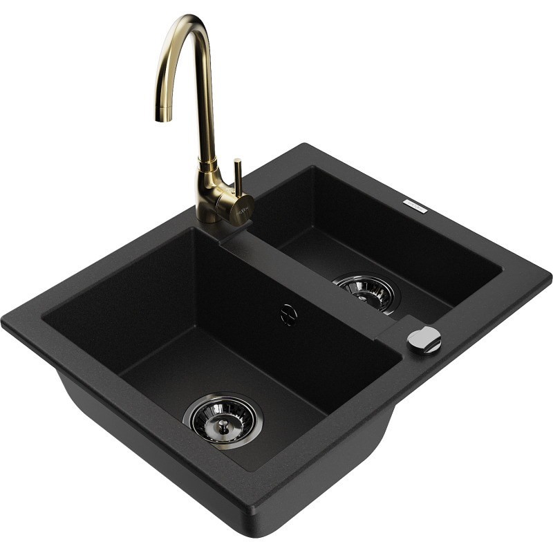 Mexen Carlos Graniittinen 1,5-altaallinen keittiöallas Telma-keittiöhanalla, musta - 6518-77-670200-50-B