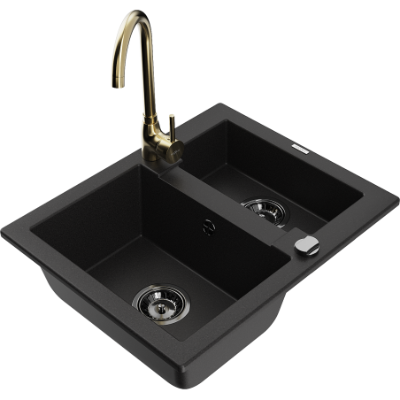 Mexen Carlos fregadero de granito de 1,5 senos con grifo de cocina Telma, negro - 6518-77-670200-50-B