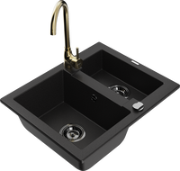 Mexen Carlos granite sink 1.5-bowl with Telma kitchen tap, black - 6518-77-670200-50-B