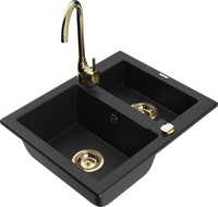 Mexen Carlos granīta izlietne ar 1,5 nodalījumiem un virtuves jaucējkrānu Telma, melns - 6518-77-670200-50