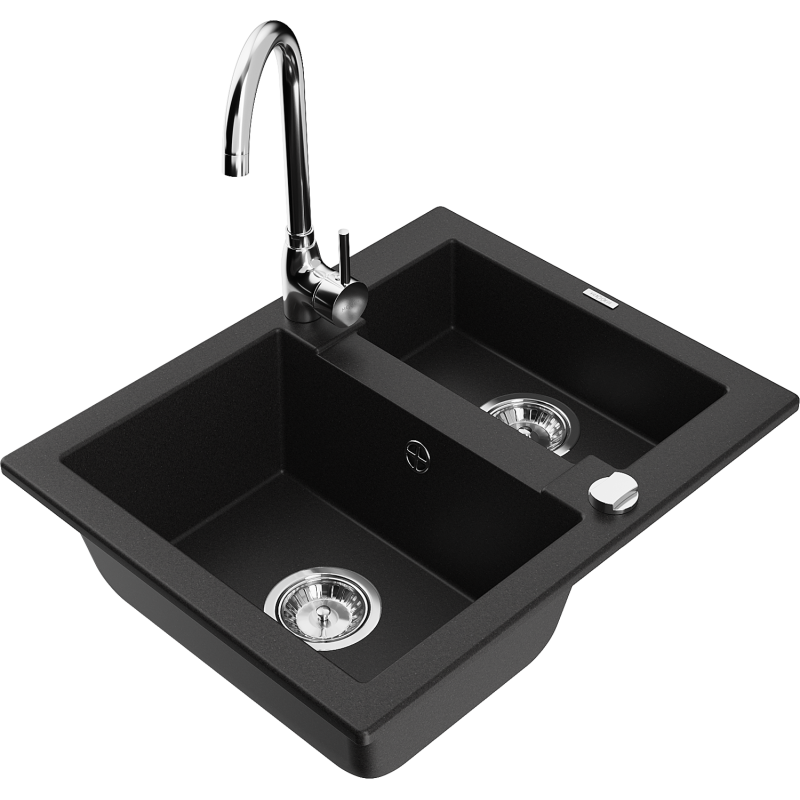 Mexen Carlos fregadero de granito de 1,5 cubetas con grifo de cocina Telma, negro - 6518-77-670200-00