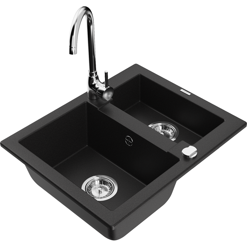 Mexen Carlos granite sink 1.5-bowl with Telma kitchen tap, black - 6518-77-670200-00