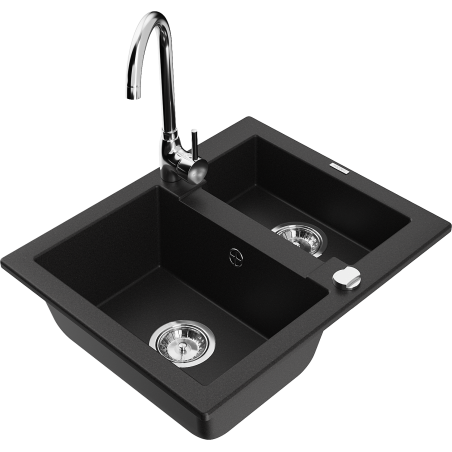 Mexen Carlos fregadero de granito de 1,5 cubetas con grifo de cocina Telma, negro - 6518-77-670200-00