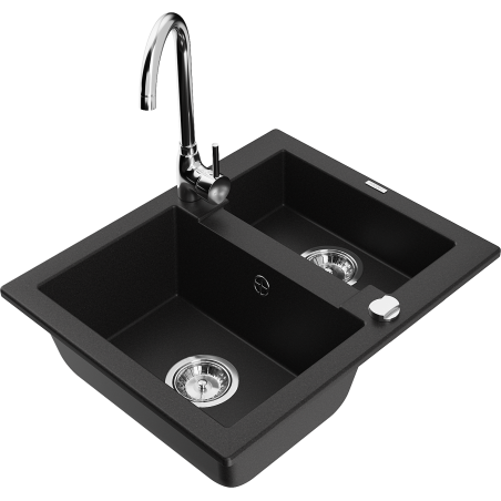 Mexen Carlos granite sink 1.5-bowl with Telma kitchen tap, black - 6518-77-670200-00