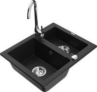 Mexen Carlos granit izlietne ar 1,5 nodalījumiem un virtuves jaucējkrānu Telma, melna - 6518-77-670200-00