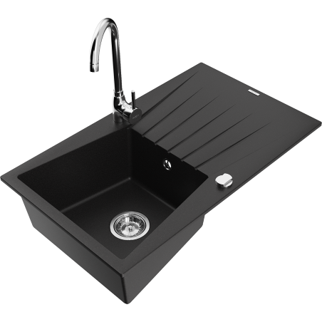 Mexen Cesar fregadero de granito de 1 cubeta con escurridor y grifo de cocina Telma, negro - 6514-77-670200-00