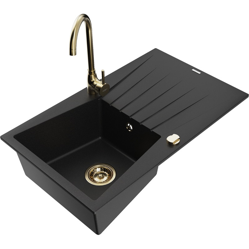 Mexen Cesar granite kitchen sink 1-bowl with drainer and Telma kitchen faucet, black - 6514-77-670200-50