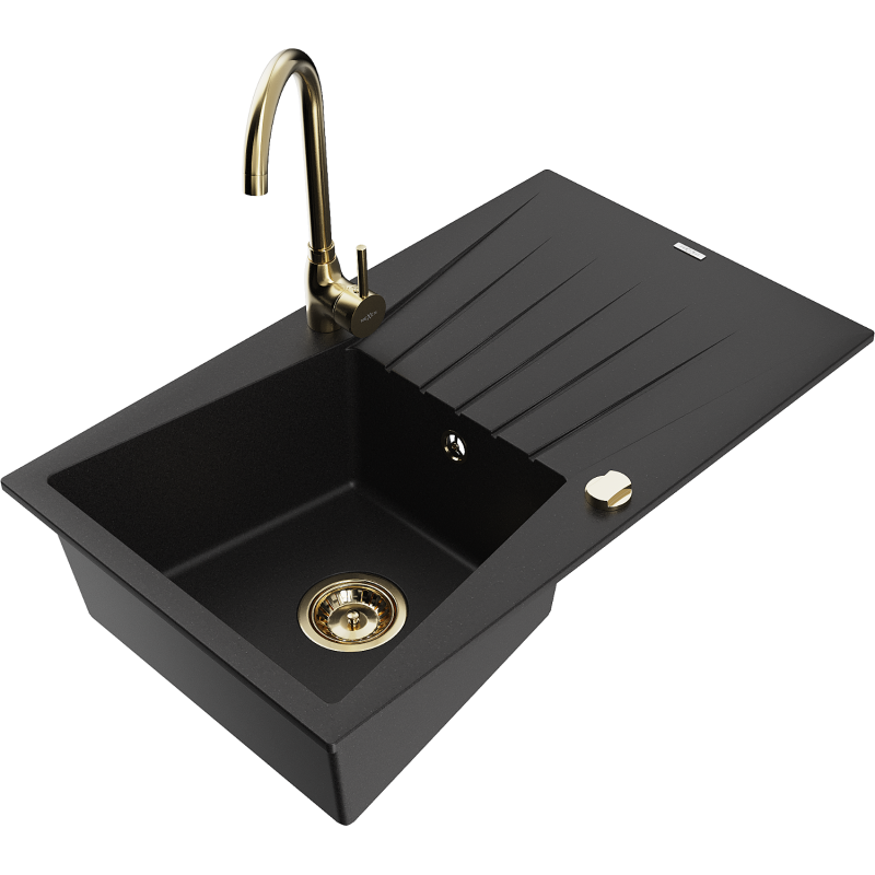 Mexen Cesar lava-loiça em granito de 1 cuba com escorredor e torneira de cozinha Telma, preto - 6514-77-670200-50