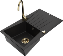 Mexen Cesar granite kitchen sink 1-bowl with drainer and Telma kitchen faucet, black - 6514-77-670200-50