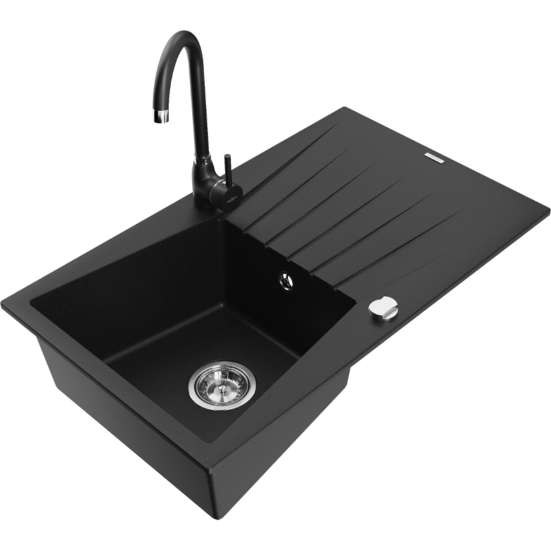 Mexen Cesar fregadero de granito de 1 cubeta con escurridor y grifo de cocina Telma, negro - 6514-77-670200-70