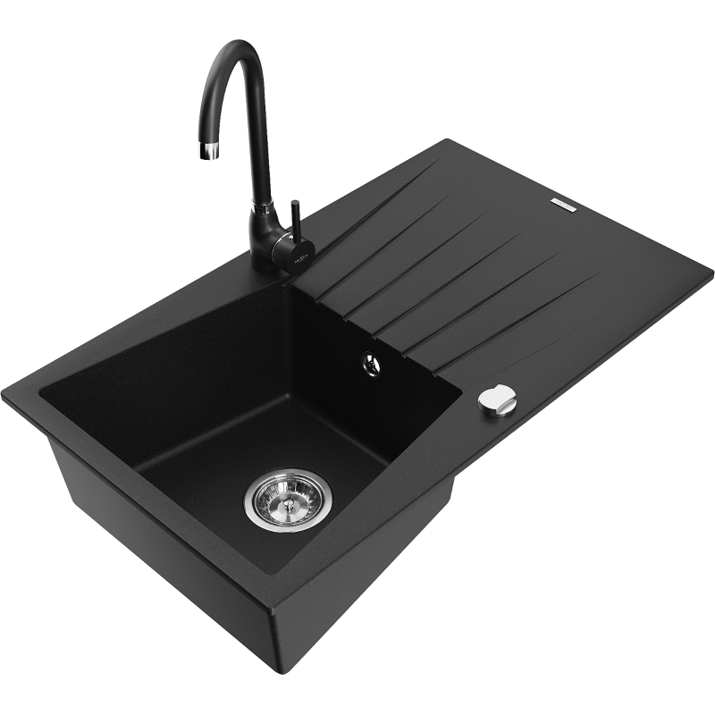 Mexen Cesar single-bowl granite sink with drainer and Telma kitchen tap, black - 6514-77-670200-70