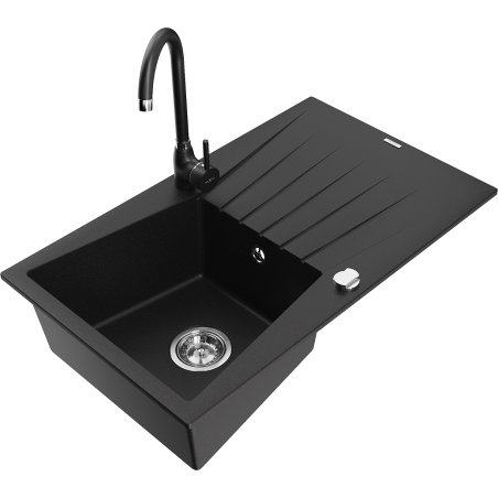 Mexen Cesar granite kitchen sink 1-bowl with drainer and Telma kitchen faucet, black - 6514-77-670200-70