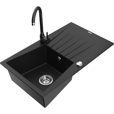 Mexen Cesar single-bowl granite sink with drainer and Telma kitchen tap, black - 6514-77-670200-70