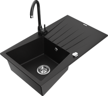 Mexen Cesar single-bowl granite sink with drainer and Telma kitchen tap, black - 6514-77-670200-70