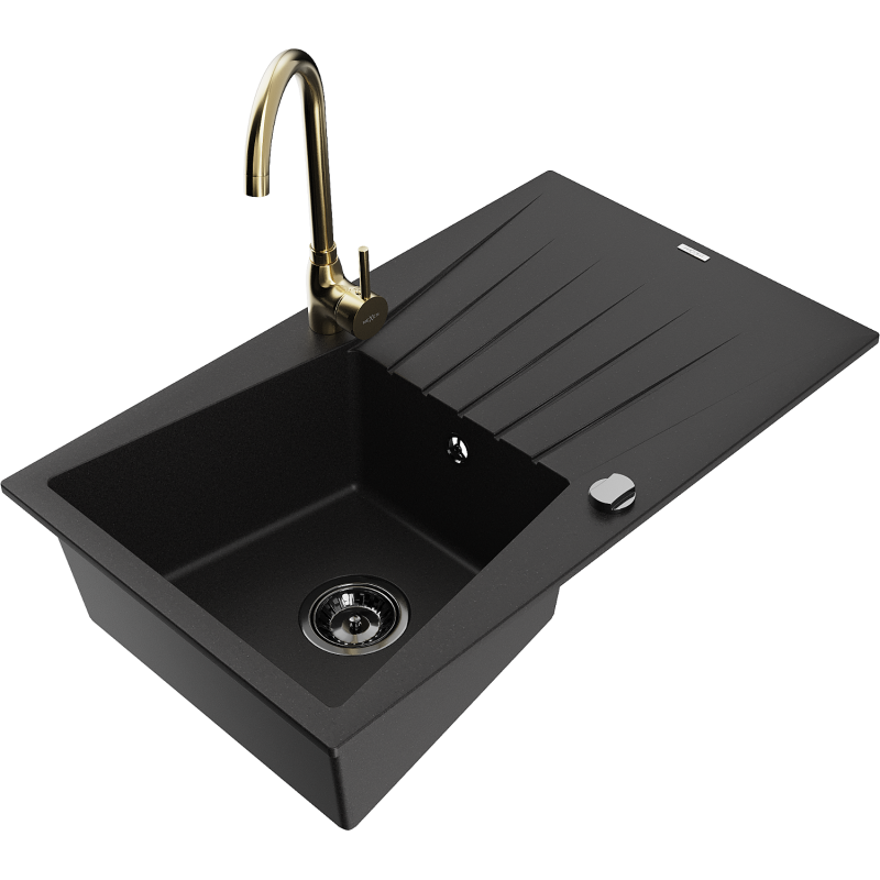 Mexen Cesar fregadero de granito de 1 compartimento con escurridor y grifo de cocina Telma, negro - 6514-77-670200-50-B