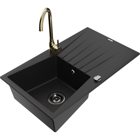 Mexen Cesar granite sink, 1-bowl with drainer and Telma kitchen tap, black - 6514-77-670200-50-B