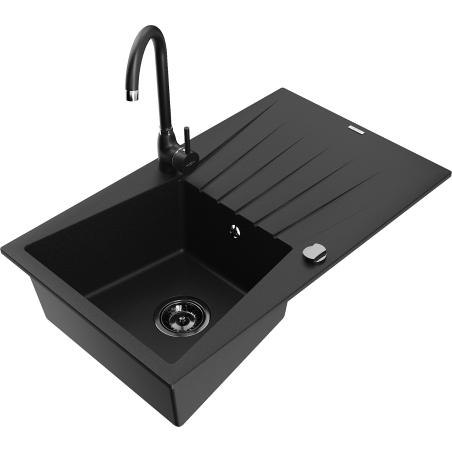 Mexen Cesar 1-bowl granite kitchen sink with drainer and Telma kitchen tap, black - 6514-77-670200-70-B