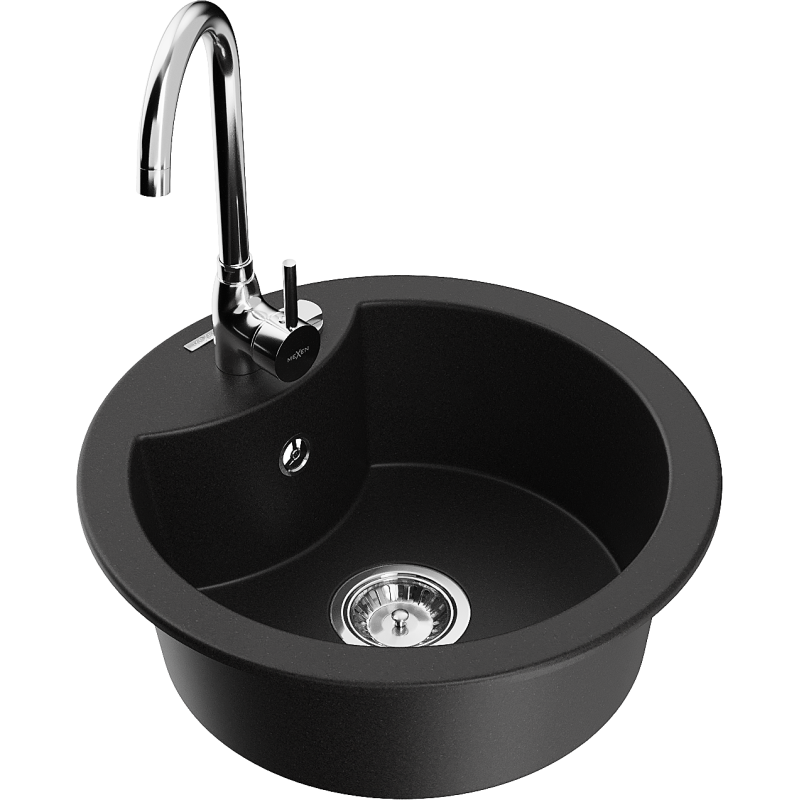 Mexen Diego lavello in granito a 1 vasca con rubinetto da cucina Telma, nero - 6512-77-670200-00