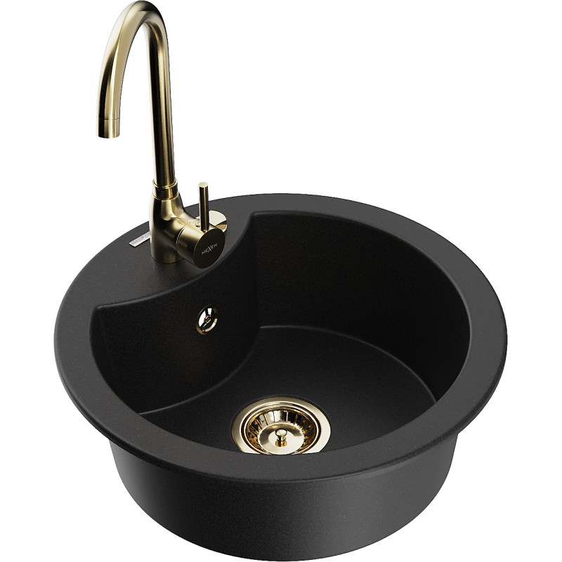 Mexen Diego granite kitchen sink 1-bowl with Telma kitchen faucet, black - 6512-77-670200-50