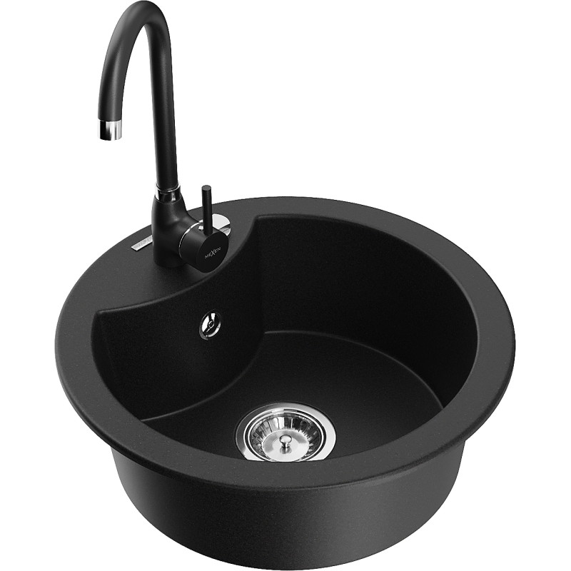 Mexen Diego 1-bowl granite sink with Telma kitchen faucet, black - 6512-77-670200-70