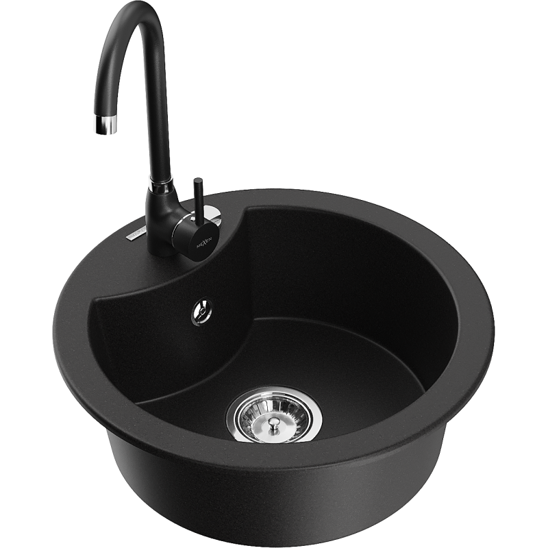 Mexen Diego fregadero de granito de 1 seno con grifo de cocina Telma, negro - 6512-77-670200-70
