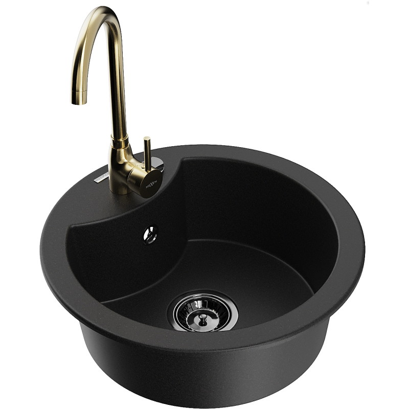 Mexen Diego fregadero de granito de 1 cámara con grifo de cocina Telma, negro - 6512-77-670200-50-B