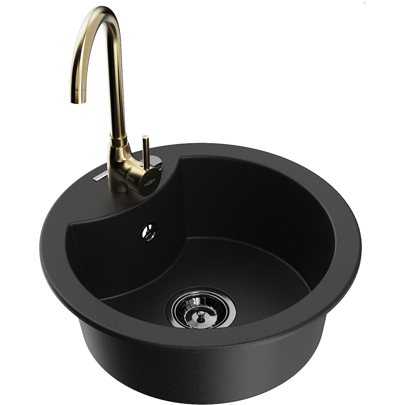 Mexen Diego granite sink 1-chamber with Telma kitchen tap, black - 6512-77-670200-50-B