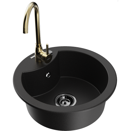 Mexen Diego granite sink 1-chamber with Telma kitchen tap, black - 6512-77-670200-50-B