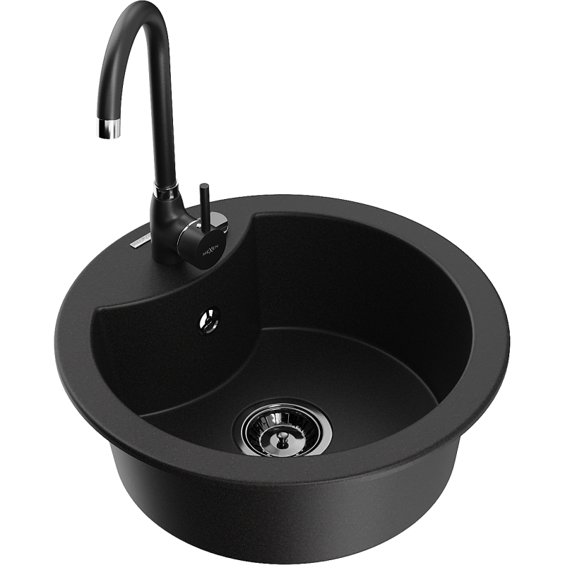 Mexen Diego lava-louça de granito de 1 cuba com torneira de cozinha Telma, preto - 6512-77-670200-70-B