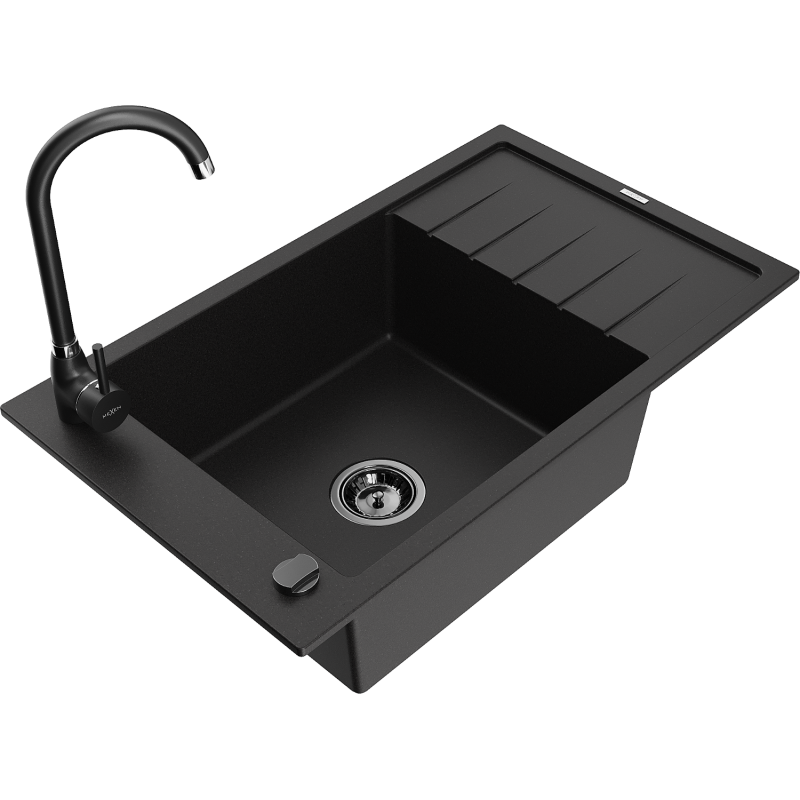 Mexen Elias granite sink single-bowl with drainer and Telma kitchen tap, black - 6511-77-670200-70-B