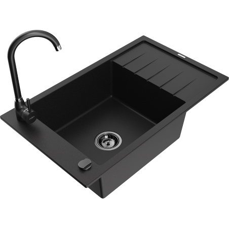 Mexen Elias granite kitchen sink 1-bowl with drainer and Telma kitchen faucet, black - 6511-77-670200-70-B