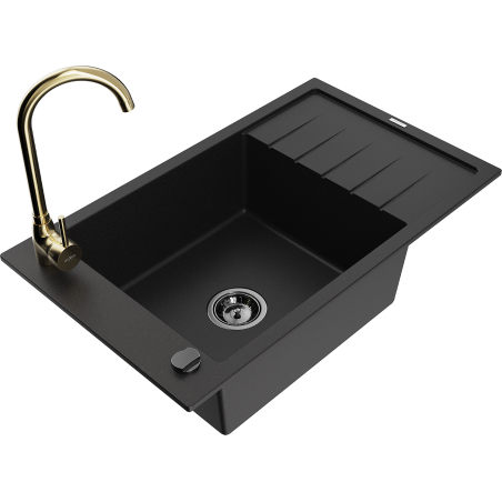 Mexen Elias granite sink 1-chamber with drainer and Telma kitchen tap, black - 6511-77-670200-50-B