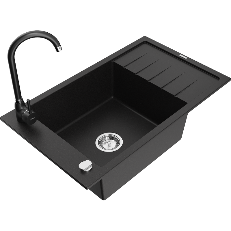 Mexen Elias fregadero de granito de 1 cubeta con escurridor y grifo de cocina Telma, negro - 6511-77-670200-70