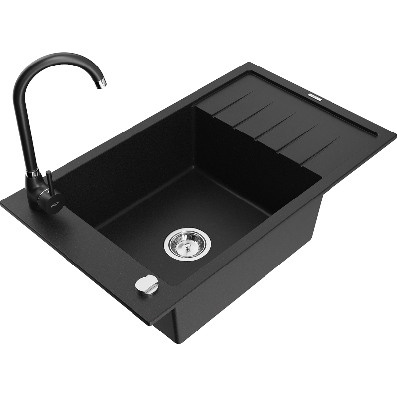 Mexen Elias yhden altaan graniittinen tiskiallas valutustelineellä ja Telma-keittiöhanalla, musta - 6511-77-670200-70