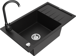 Mexen Elias 1-bowl granite sink with drainer and Telma kitchen faucet, black - 6511-77-670200-70