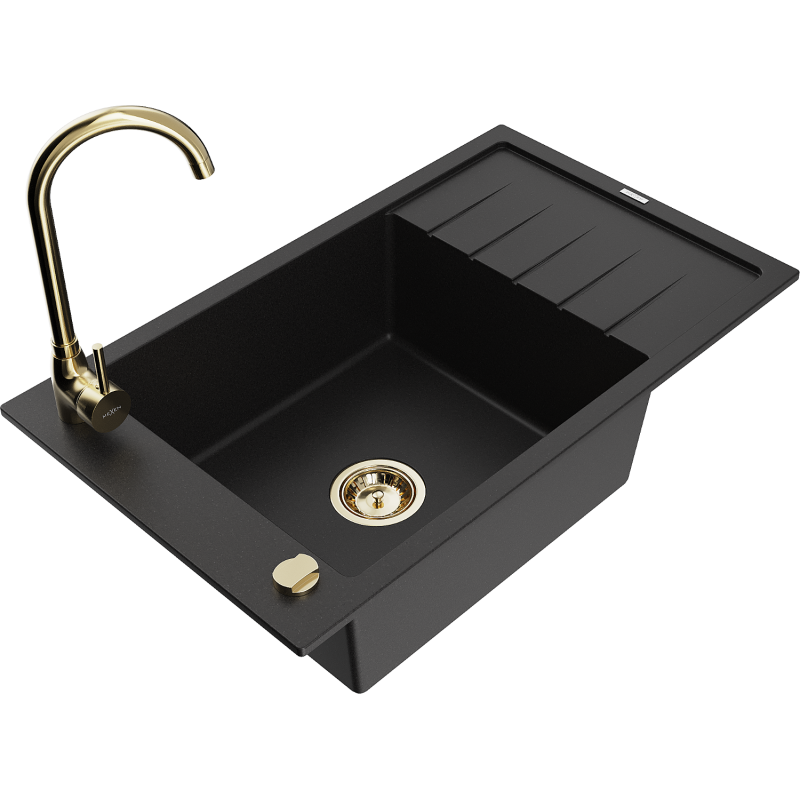 Mexen Elias fregadero de granito de 1 compartimento con escurridor y grifo de cocina Telma, negro - 6511-77-670200-50